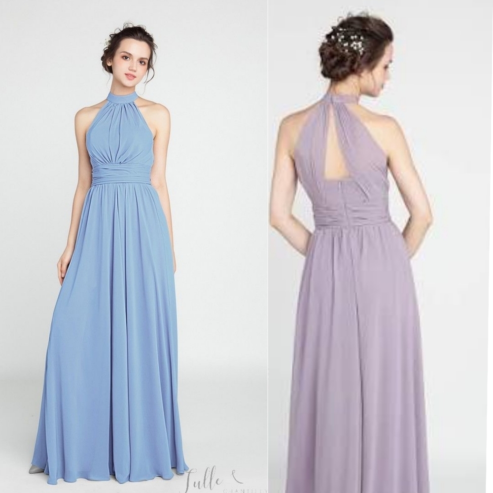 Tulle & Chantilly Dusty Blue Long Chiffon Bridesmaid Dress with Halter Neckline